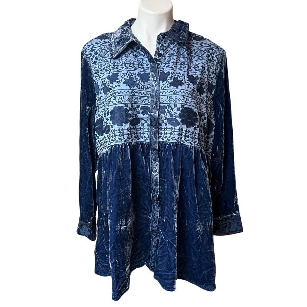 Blue Tassel Crushed Velvet Long Sleeve Button Down Babydoll Floral Tunic Top.